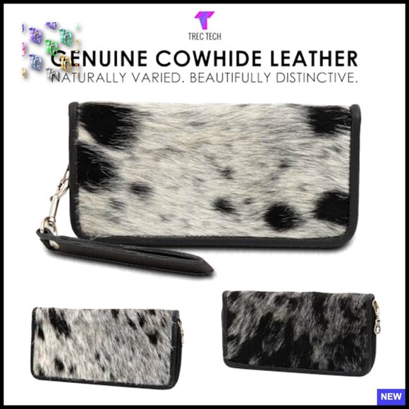 Genuine Cowhide Leather Clutch Wristlet Zipper Closure Detachable Strap Elegant